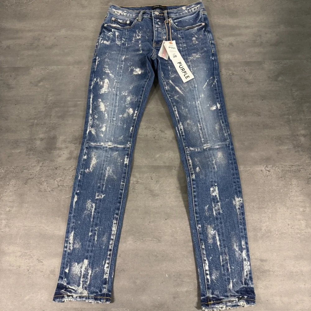 Purple Brand P001 Skinny Jeans Mens 28 Blue Metallic Paint Splatter Distressed